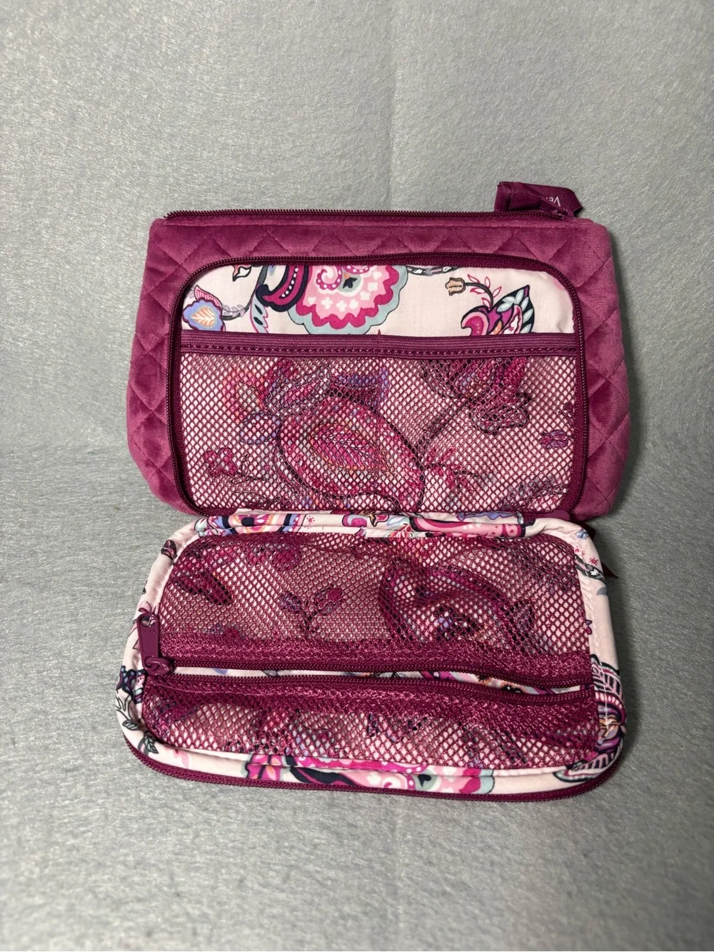 Vera Bradley Pink Quilted Makeup Bag Organizer, Zipper Pockets 8.5 x 4.5